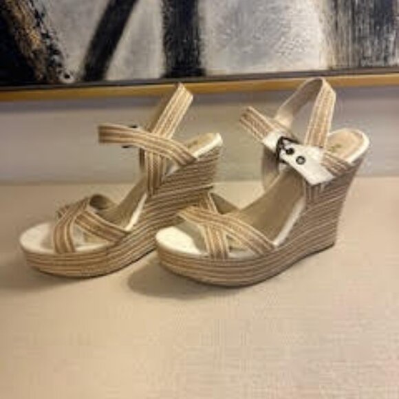 MIA NATURAL ROPE PLATFORM ESPADRILLE SANDALS, TAN/WHITE, SIZE 9.5 - Picture 1 of 4